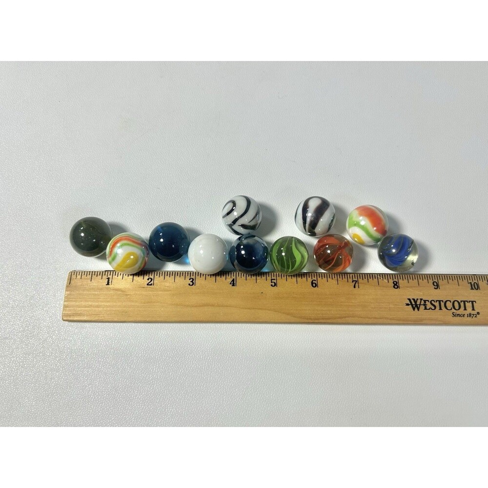 Glass Marbles Lot Of 11 Multi Colors Swirl Zebra, One Cracked